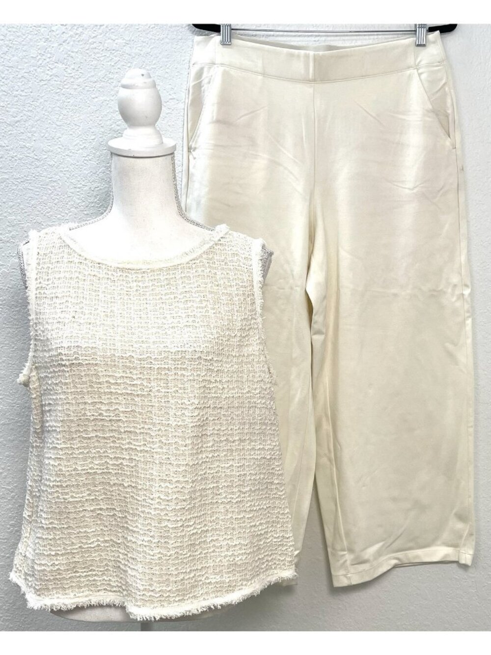 MAX STUDIO Womens XL 2pc OUTFIT Ivory Bucle Tank Top & Pull-On Knit Pants *Flaw*